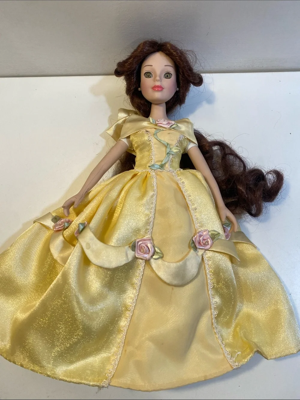 Disney Vintage Yellow Rose Princess Doll in Satin Gown Porcelain